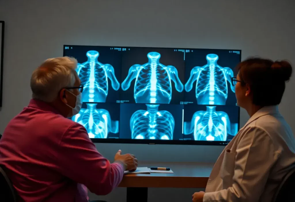 Doctor reviewing mesothelioma x-rays with patient support group.