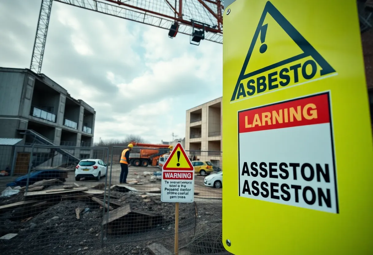 Construction workers in safety gear on a site with asbestos warning signs.