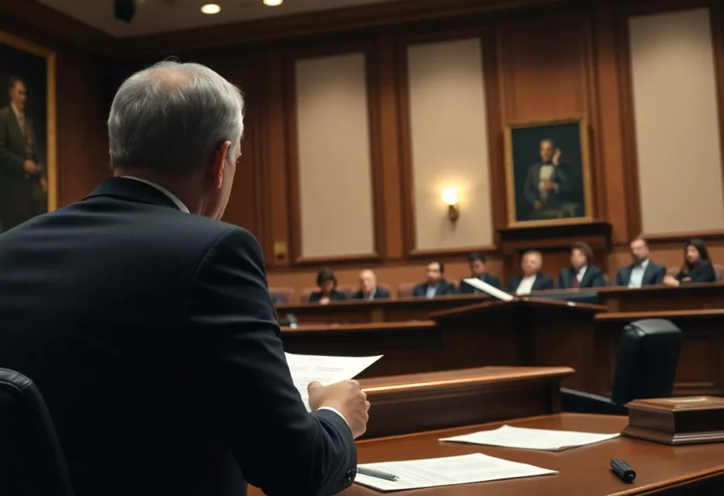 A lawyer presenting a case in an asbestos litigation courtroom