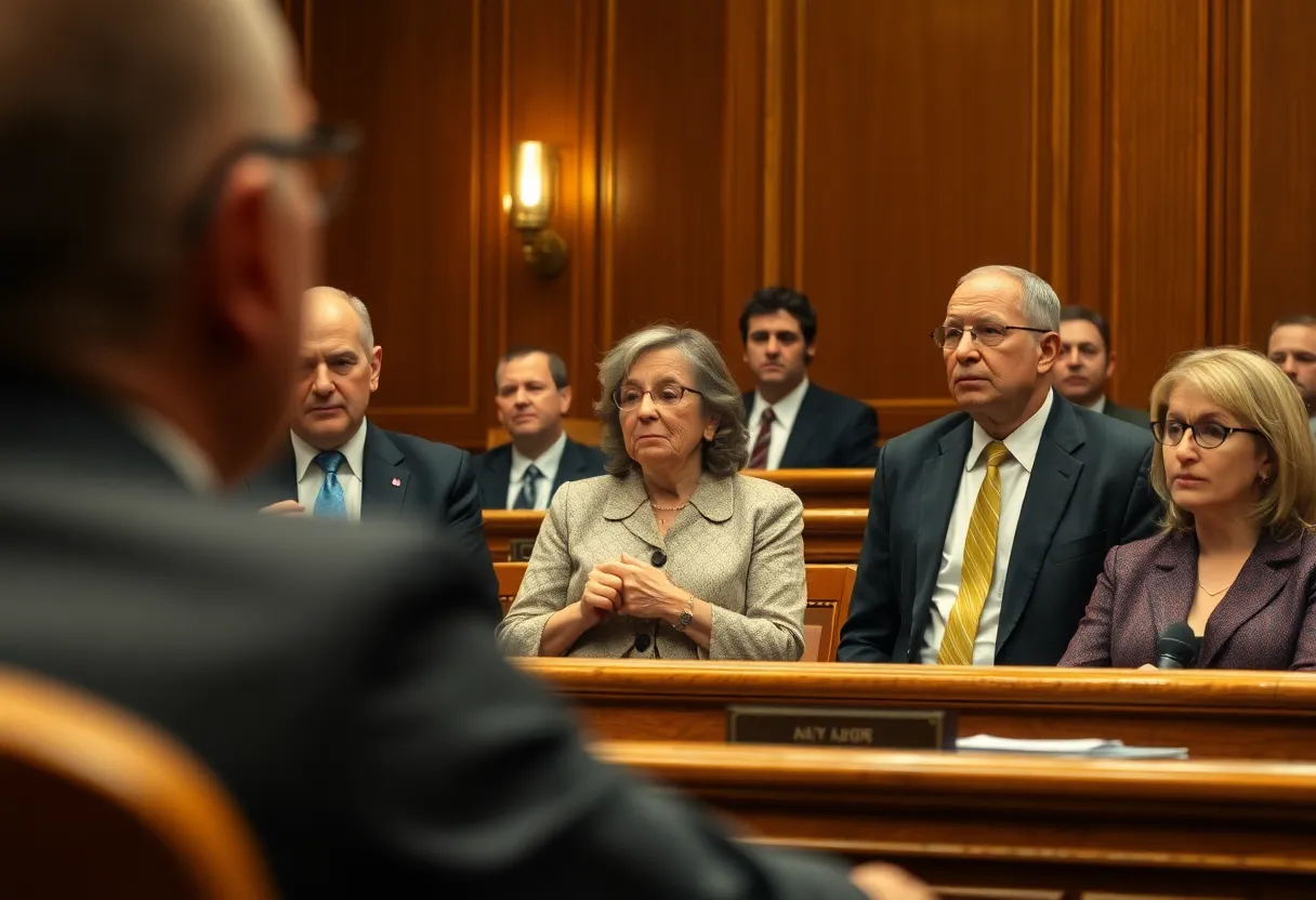 Courtroom scene announcing verdict in asbestos case.