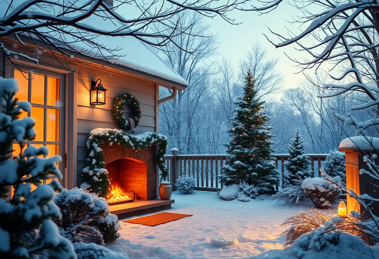 A cozy living room decorated for winter holidays with a fireplace.