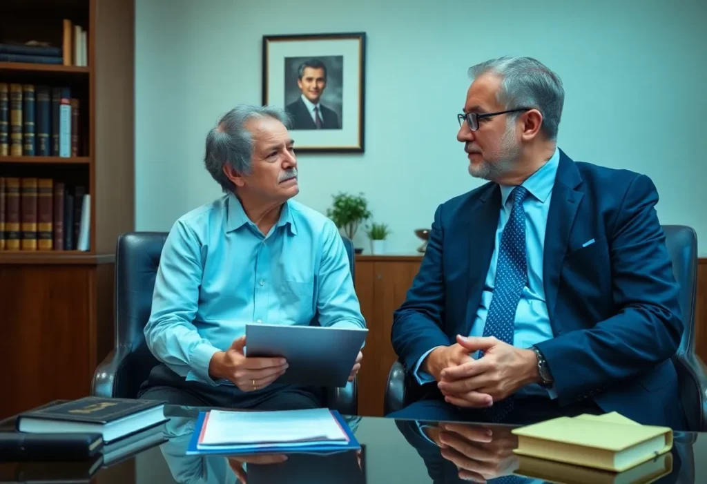 An attorney consulting with a mesothelioma victim in a law office.