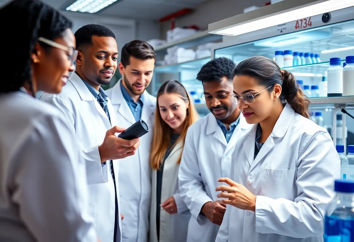 A team of scientists celebrating a breakthrough in cancer treatment.