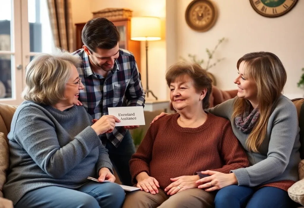 A mesothelioma patient with family receiving support for financial assistance.