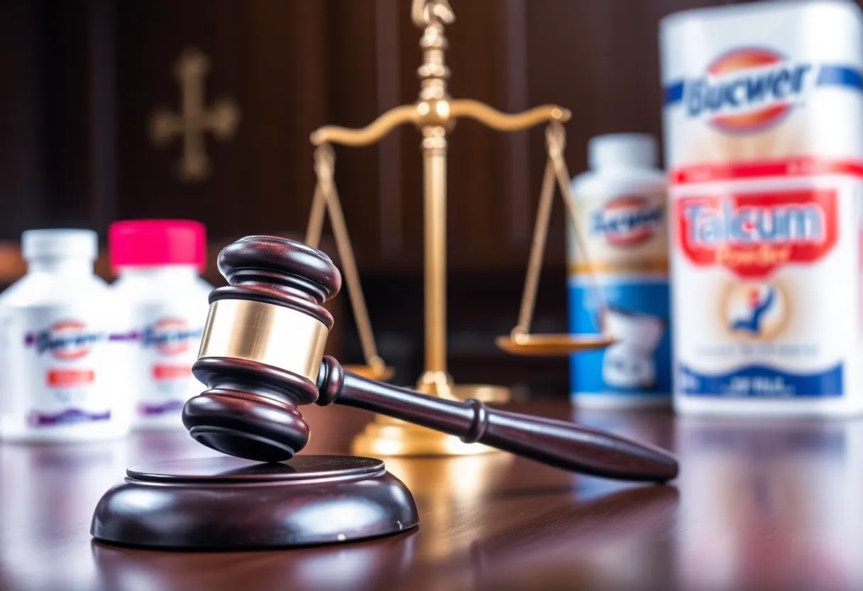 Courtroom scene representing mesothelioma lawsuit against Colgate-Palmolive.