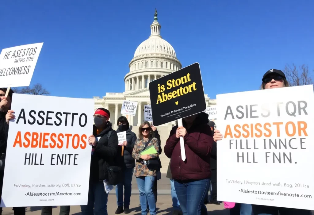 Advocates holding signs about asbestos awareness in Washington D.C.