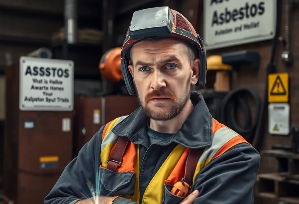 Welder in Birmingham with safety gear and asbestos awareness sign