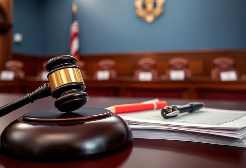 Courtroom scene representing the $57 million asbestos settlement in Baltimore.