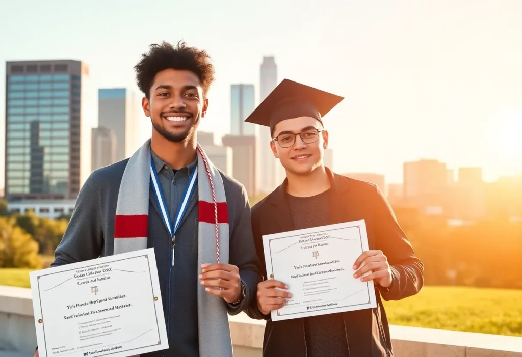 Two cancer survivors holding their scholarship awards in Dallas