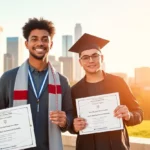 Two cancer survivors holding their scholarship awards in Dallas