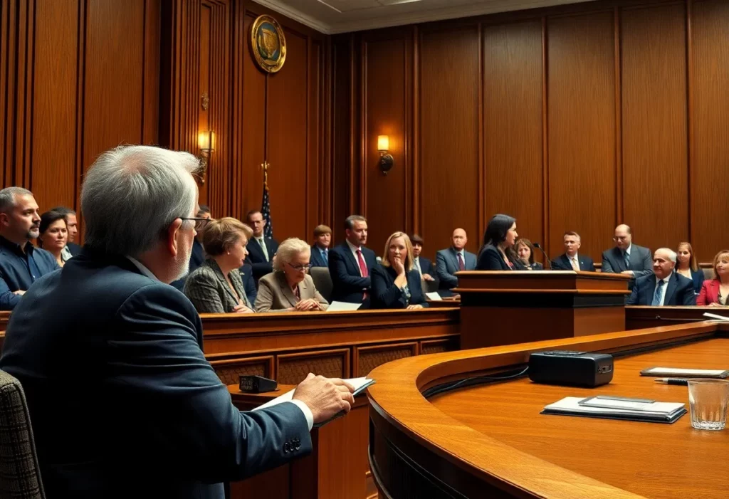 Courtroom scene with plaintiffs and lawyers in class action lawsuit against De Beers