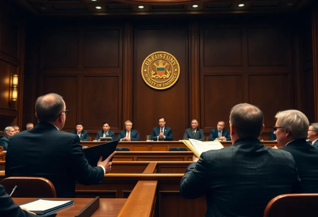 Lawyers in a courtroom discussing corporate accountability cases