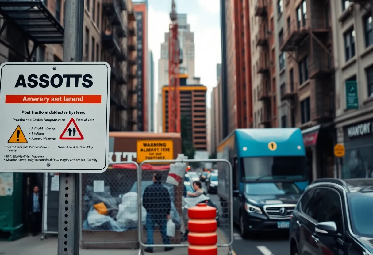 Construction site in East Harlem with safety warning about asbestos exposure.