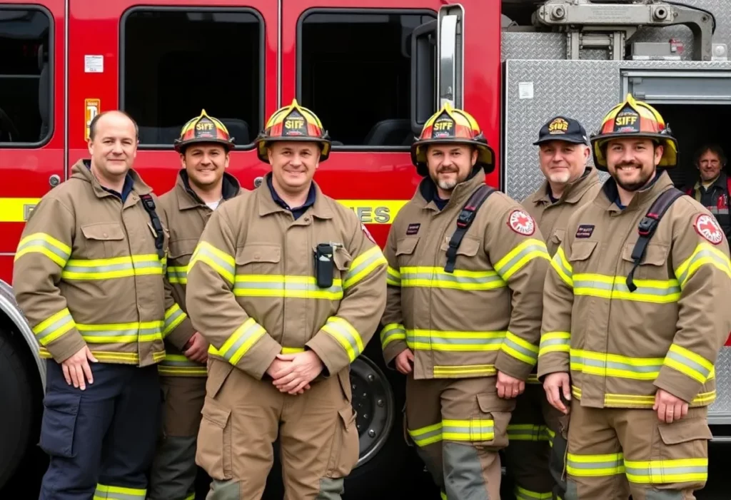 Firefighters in PFAS-free gear celebrating new cancer coverage