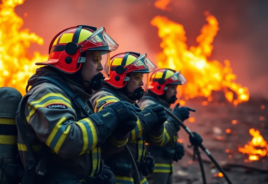 Firefighters wearing protective gear while battling a blaze.