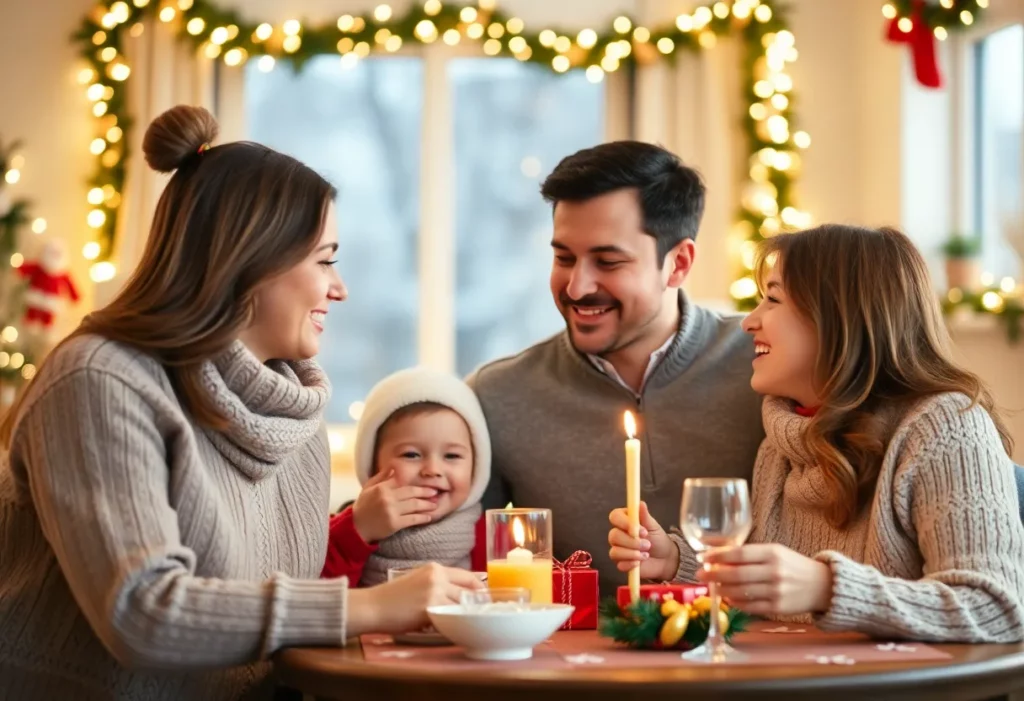 Family celebrating Christmas in a cozy living room, emphasizing connection during the holiday season.