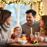 Family celebrating Christmas in a cozy living room, emphasizing connection during the holiday season.