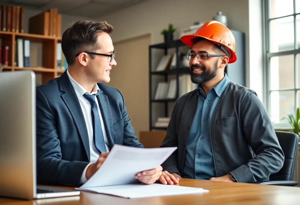 A lawyer consulting a skilled trades worker about mesothelioma claims