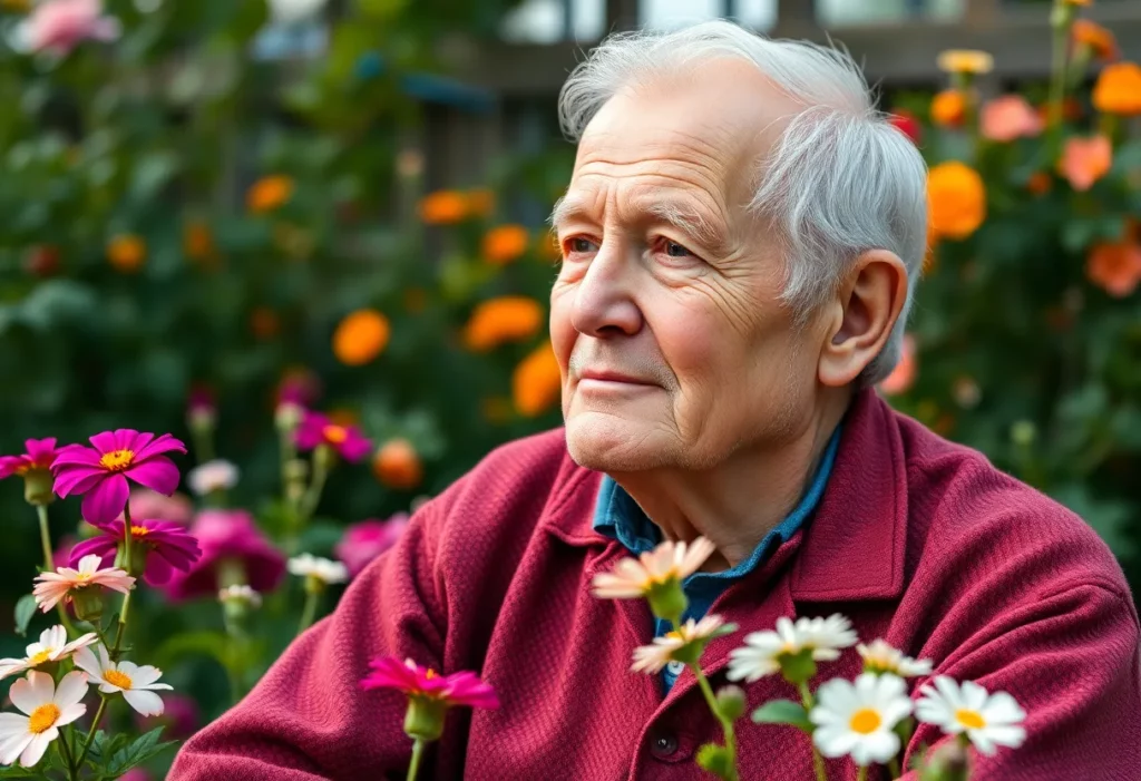 Portrait of a Leeds grandad in his garden, showcasing his resilience while facing mesothelioma.