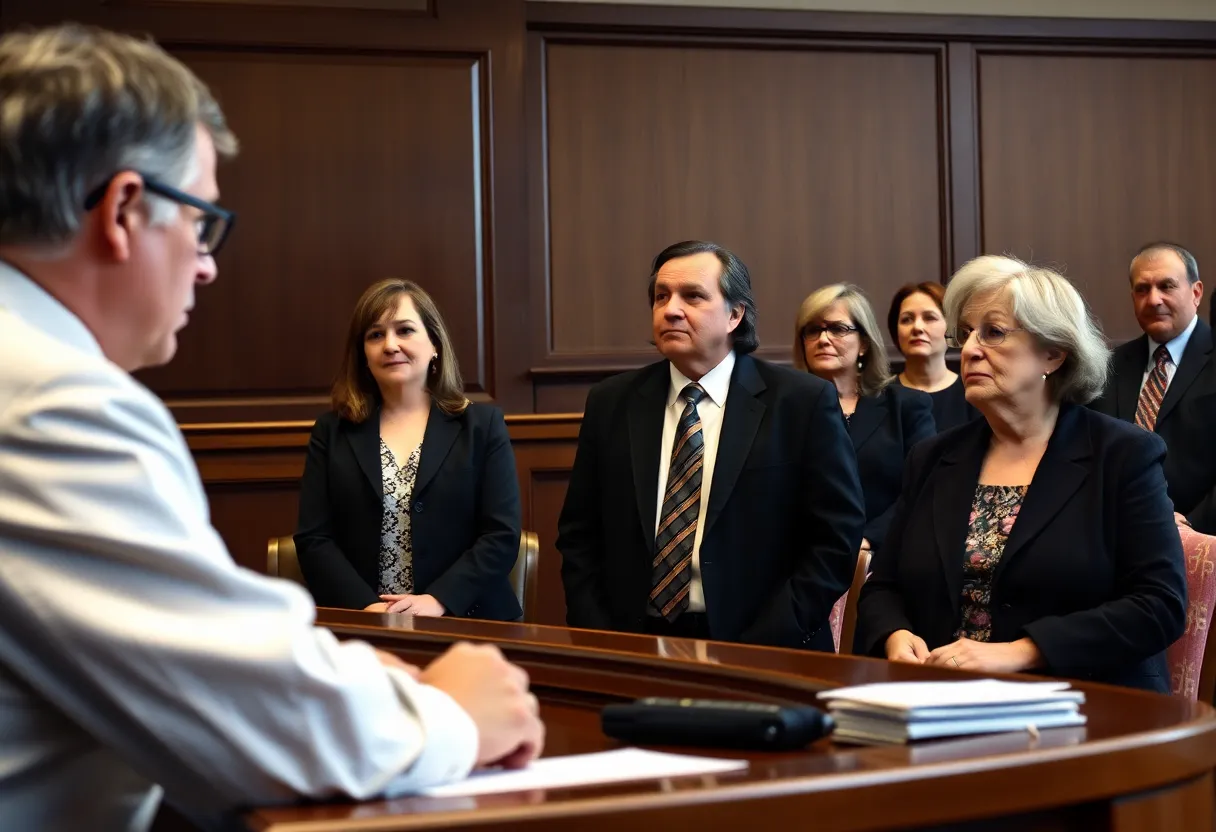 A court hearing on mesothelioma claims, showing concerned families and lawyers.