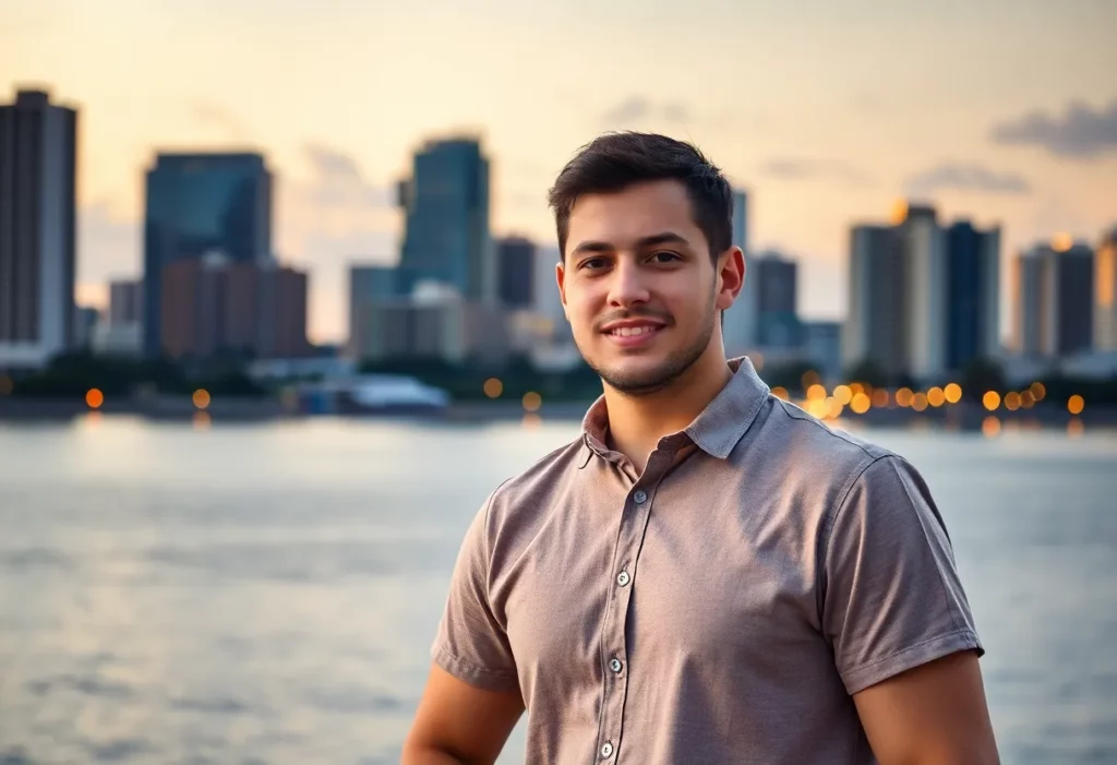 A young man with determination in front of the Orlando skyline, representing hope against mesothelioma.