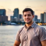 A young man with determination in front of the Orlando skyline, representing hope against mesothelioma.