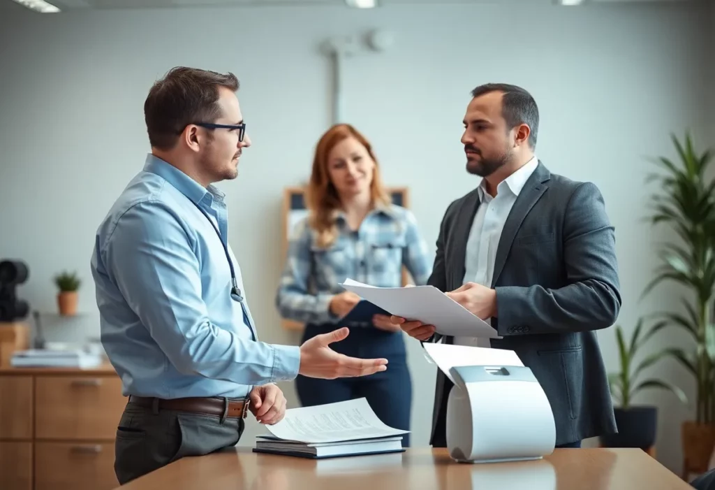 Lawyer discussing mesothelioma support with a plumber