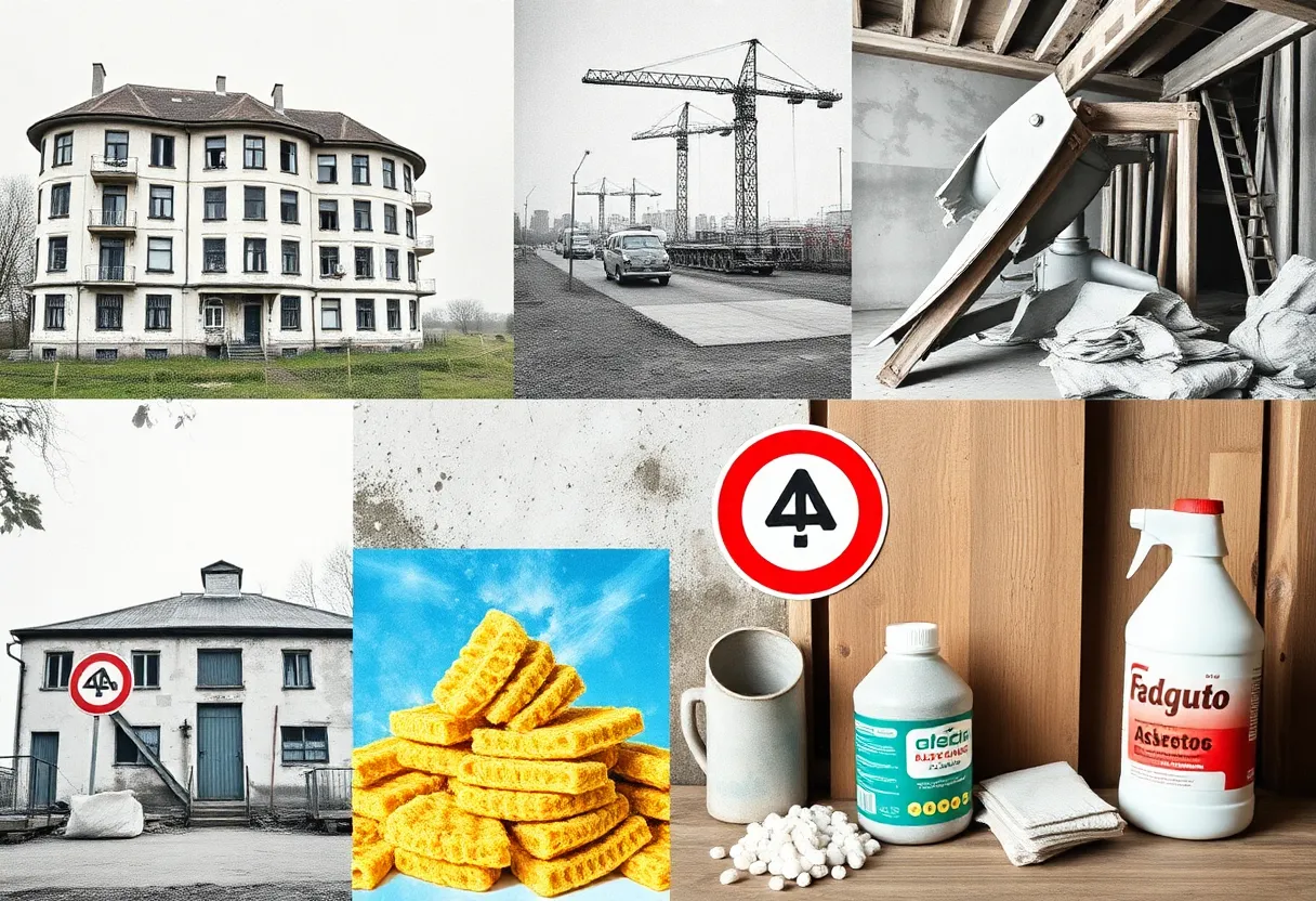 Illustration showing various common sources of asbestos exposure like older buildings, construction activities, and household products.